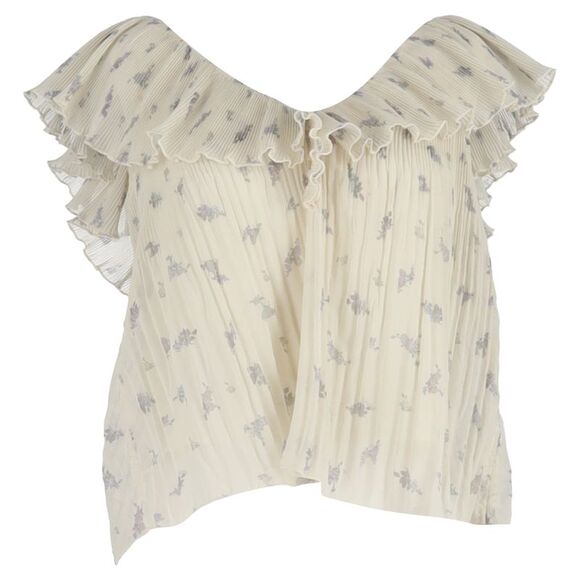 Ganni Printed Ruffled Sleeve V-Neck Blouse in Cream Polyester